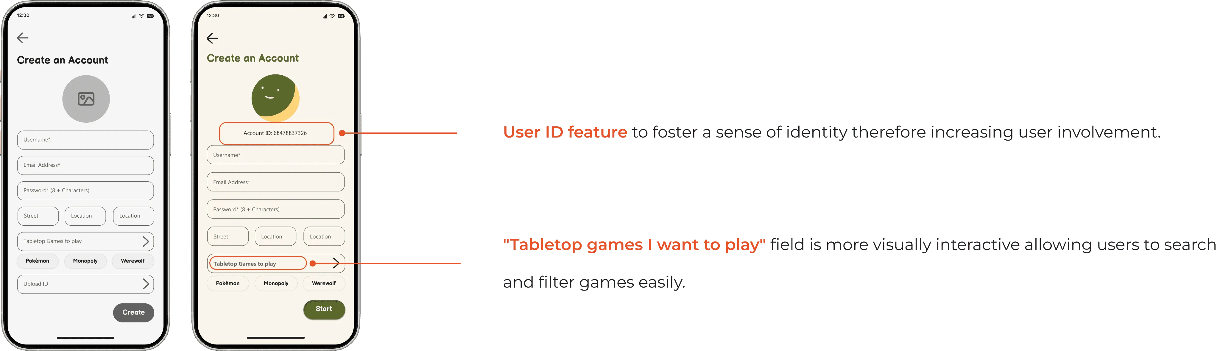 CoPlay app iteration screen comparison for account creation