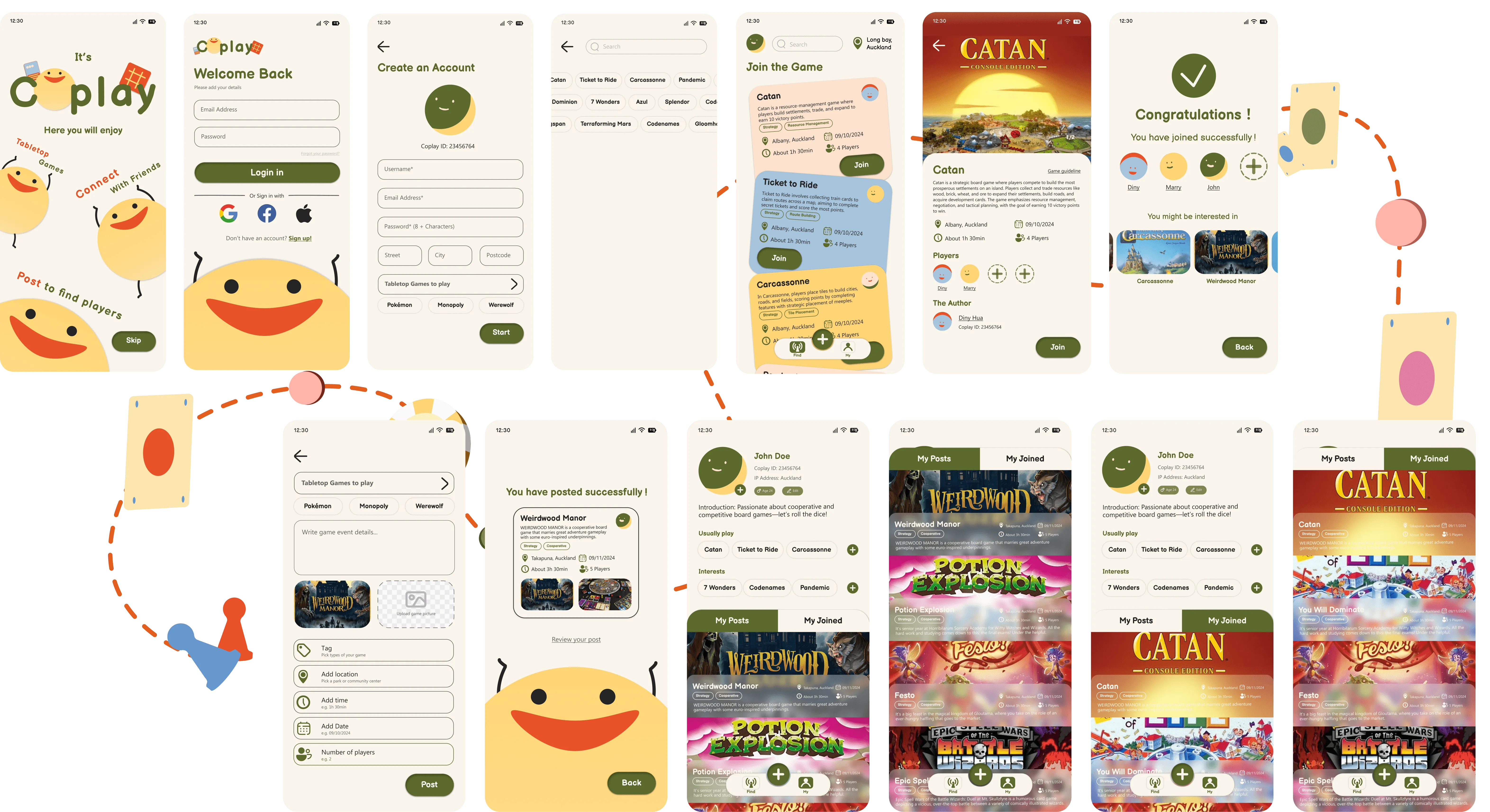 CoPlay final app screen collage with playful game-piece illustration