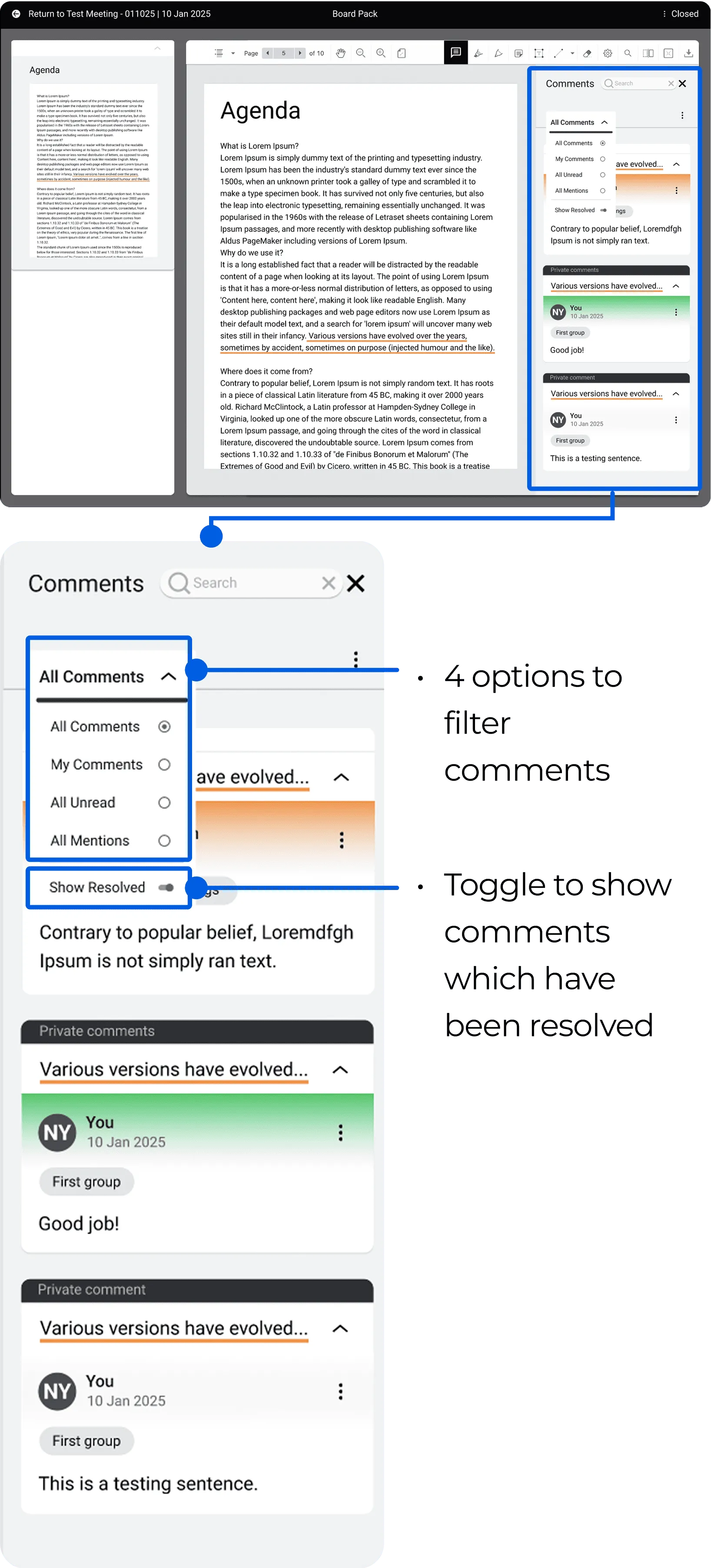 Low-fidelity comment panel wireframe