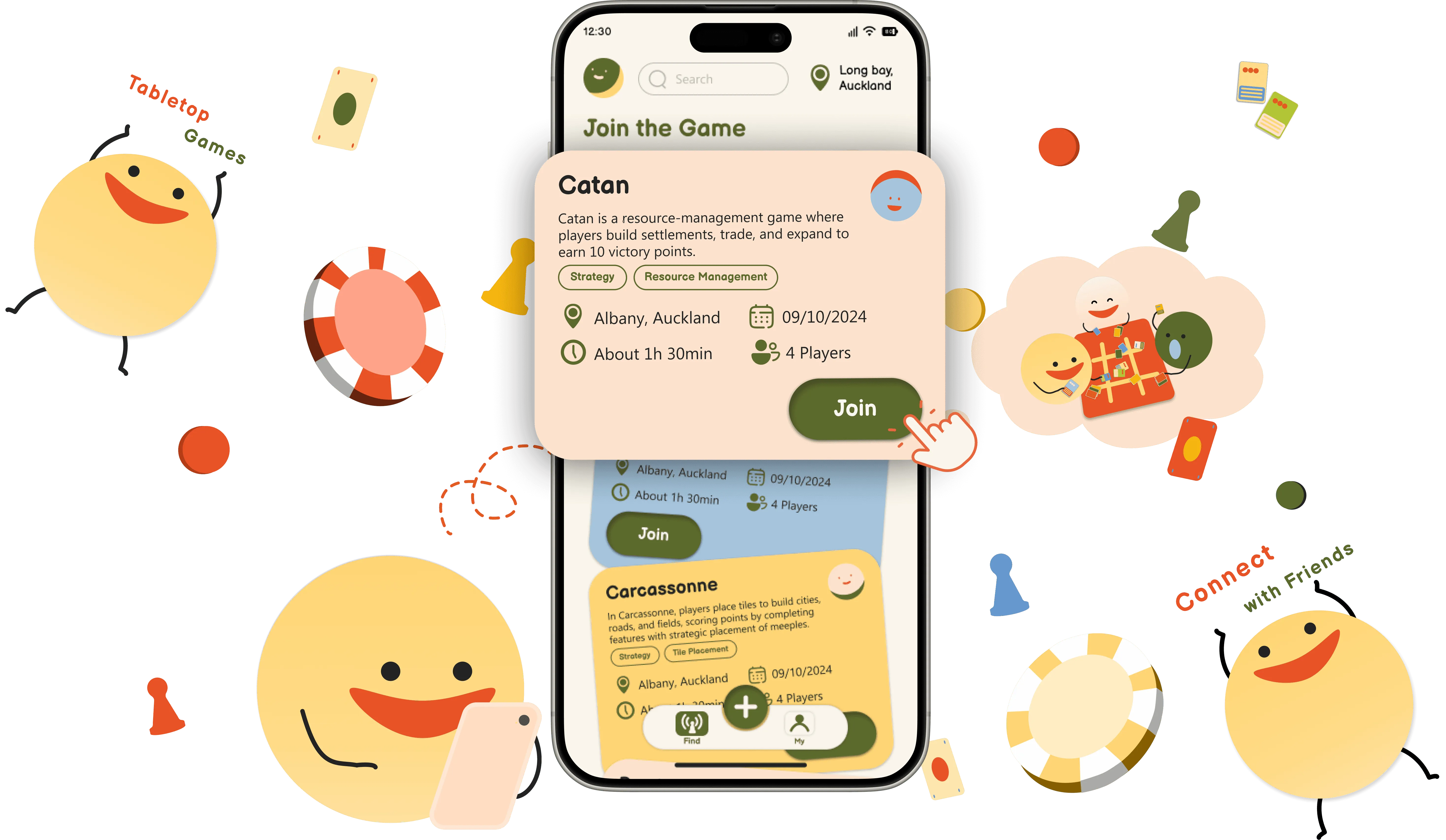 CoPlay wordmark, game pieces, mascots, and mobile app illustration