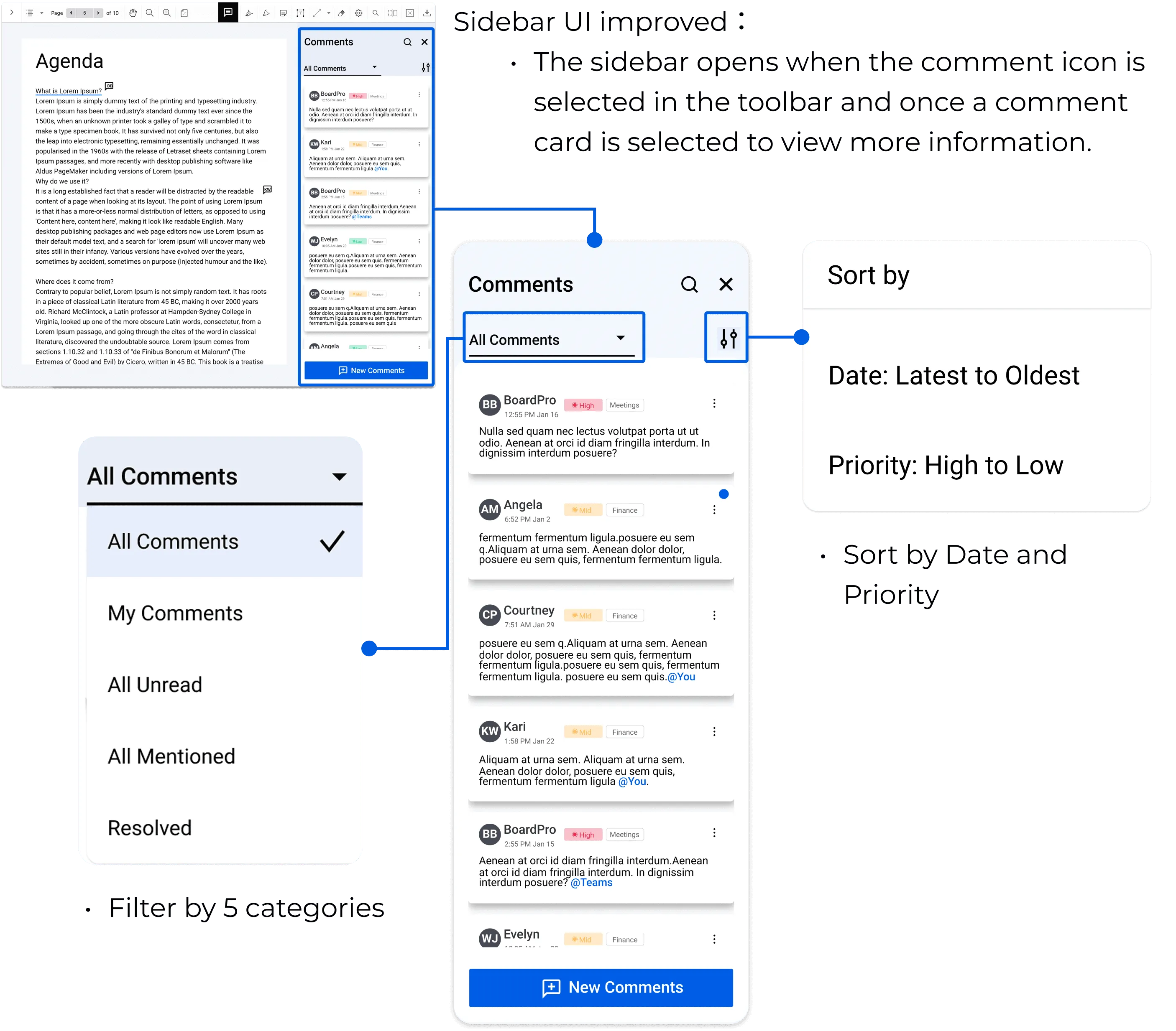 High-fidelity comment panel screen