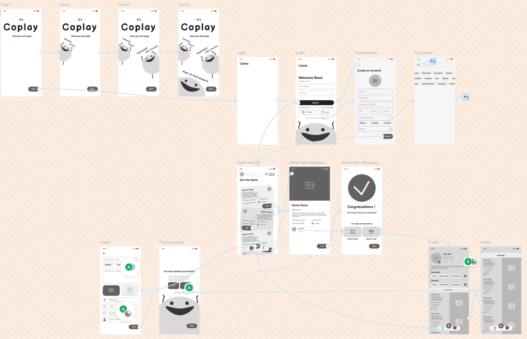 CoPlay low-fidelity mobile prototype screens